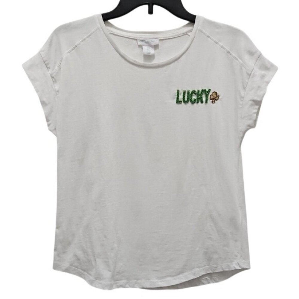 Cynthia Rowley Beaded Lucky Cap Sleeve Cotton T-shirt Size Small Clover Casual